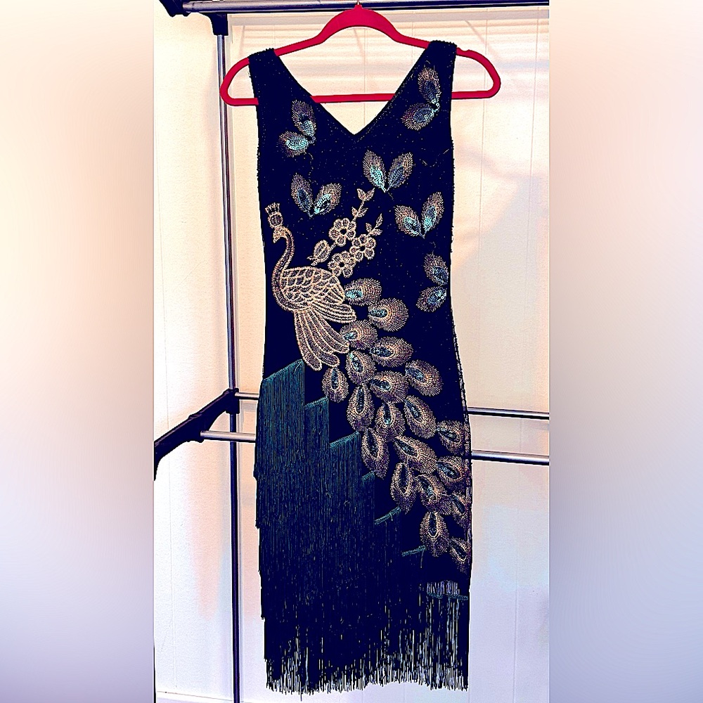 20’s Style Beaded & Embroidered Peacock Flapper Dress. Size Small